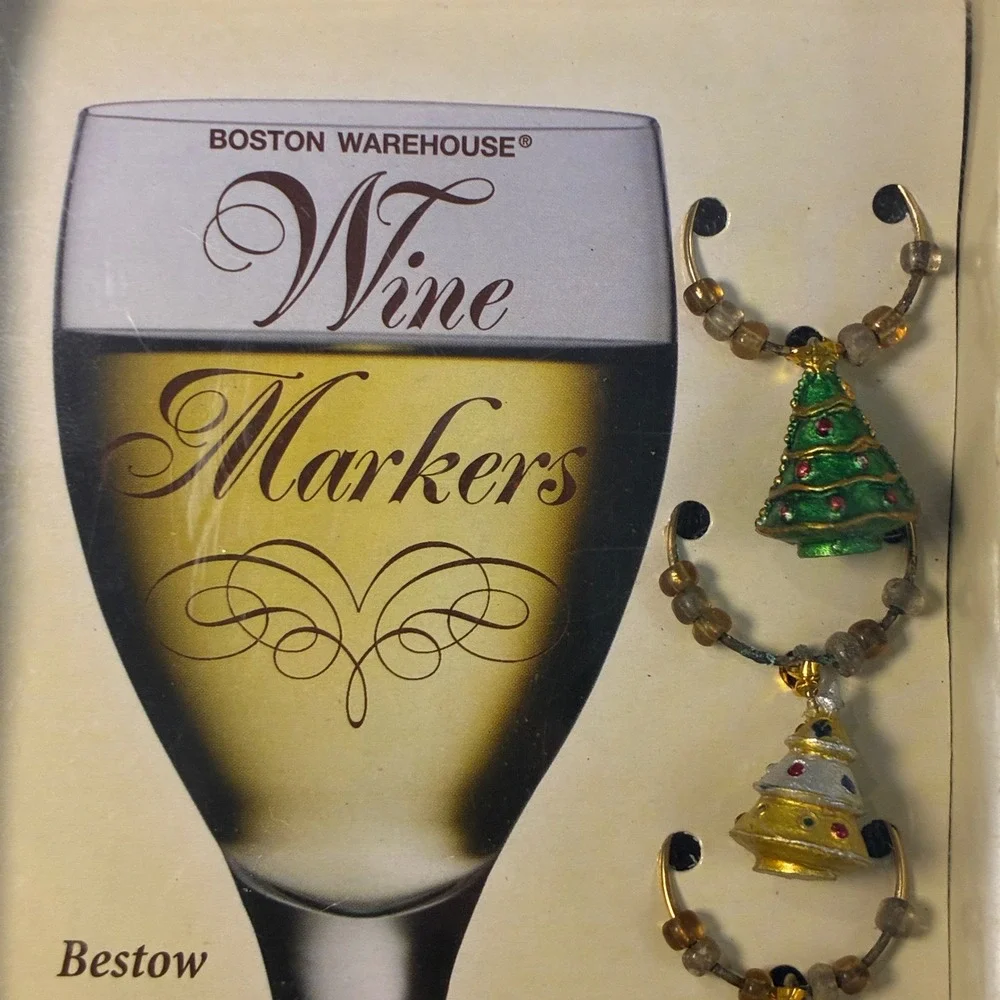 VTG Christmas Tree Wine Charms Set 6 Boston Warehouse Retro Kitsch Whimsical Fun
